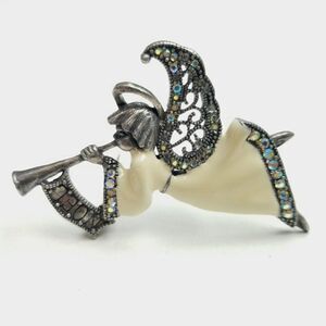 Vintage Angel with Trumpet Brooch, White Enamel Dress, Silver Tone Setting